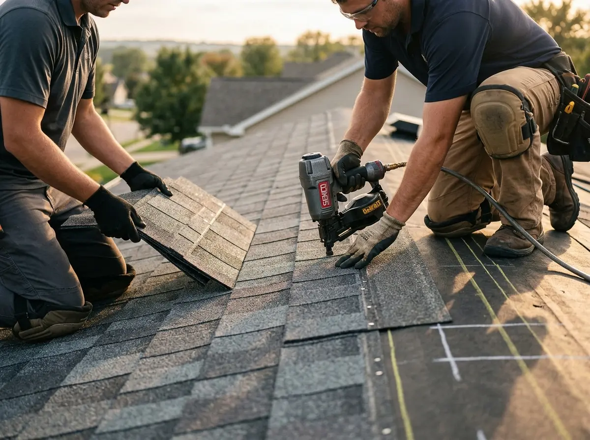 Professional roofer working on a residential roof in Signal Mountain